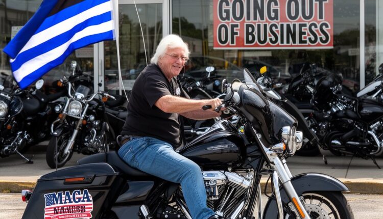 Older motorcycle rider on Harley-Davidson with Going Out of Business sign — US motorcycle industry aging crisis