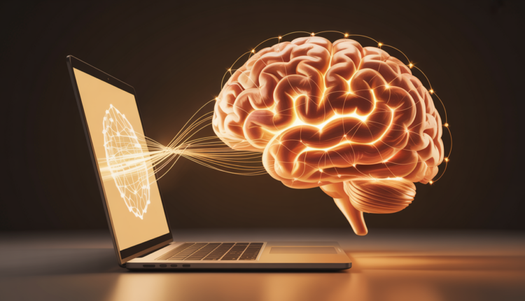 Digital illustration of a glowing human brain connected to a laptop, symbolizing AI and the concept of a second brain.