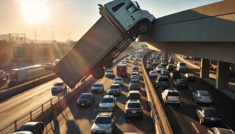 Semi truck hangs overpass